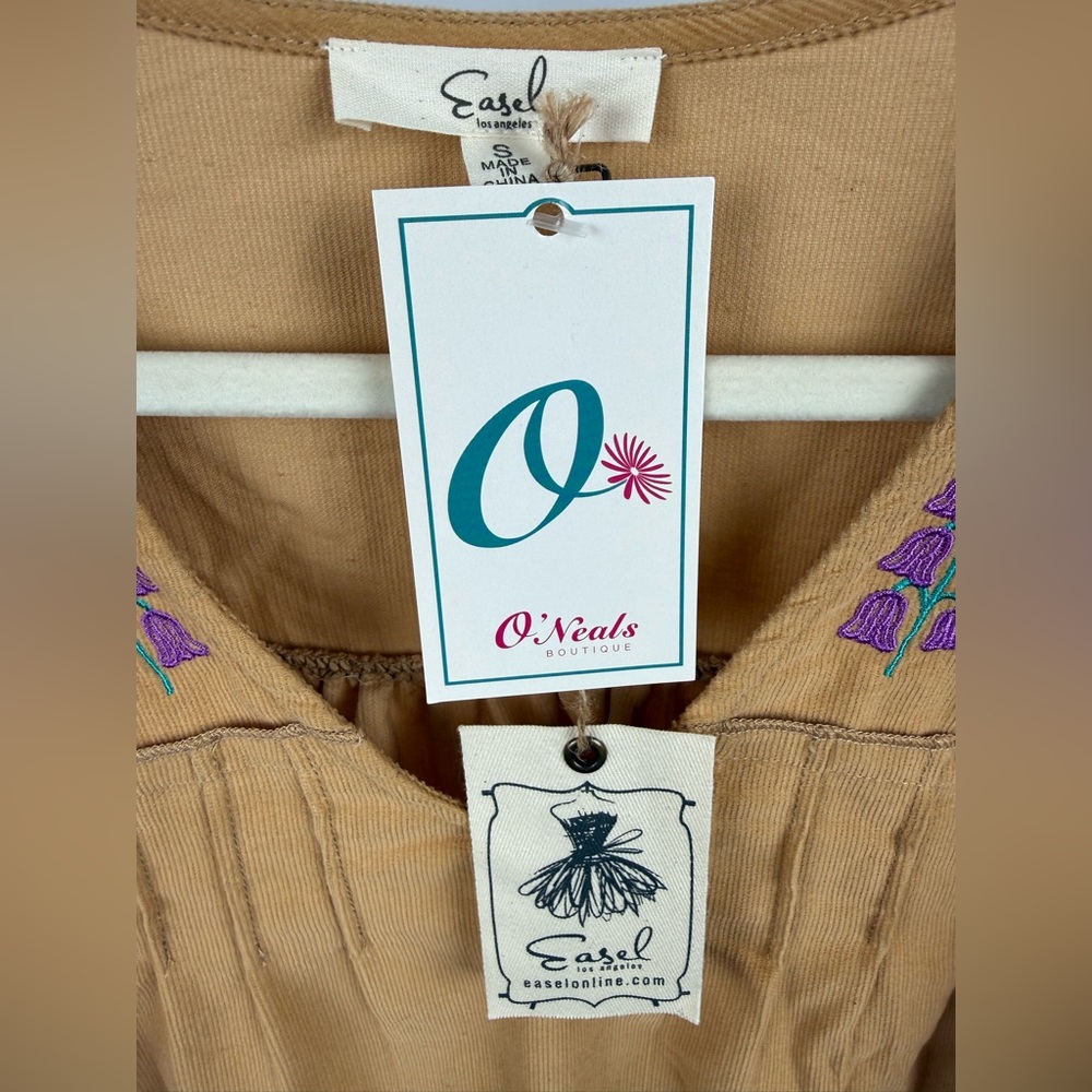 Easel Corduroy Boho Top Camel Tan Floral Embroidered Balloon Sleeve NWT S - Picture 4 of 5